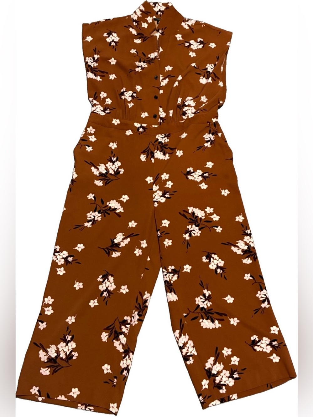 Ann Taylor Factory Petite LP Floral Wide Leg Jumpsuit Brown Button Front